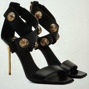 Balmain Alma Black Leather and Gold Heels with Accents